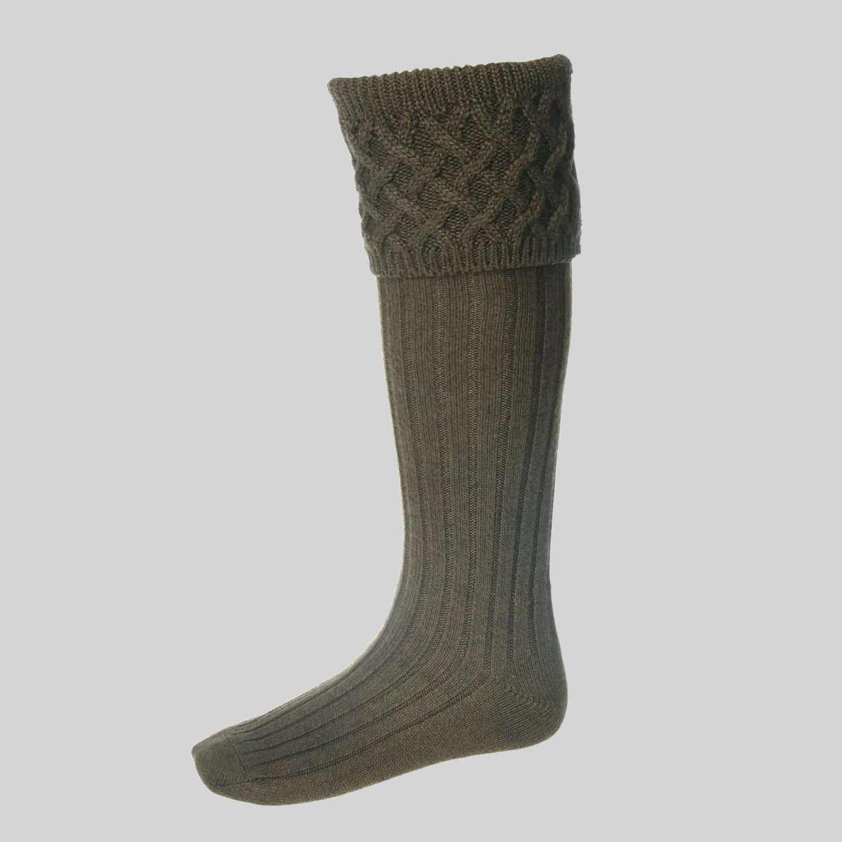 An olive khaki green ribbed knit wool sock with a braided cable pattern cuff, shown on a neutral light gray background.