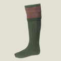 A single ribbed knee-high sock in olive green, featuring a patterned cuff with a red, yellow and blue diamond birdseye design.