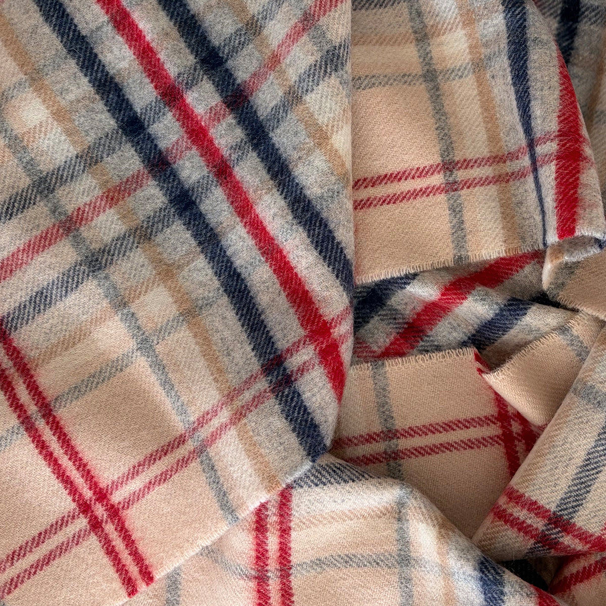 Natural, Navy & Red Check Cashmere Scarf