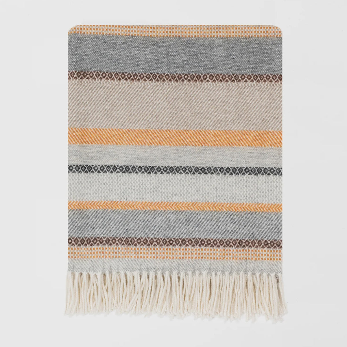 A woven lambswool throw blanket with horizontal stripes in grey, beige, orange and brown, finished with a cream-coloured fringed edge, shown against a plain light grey background.