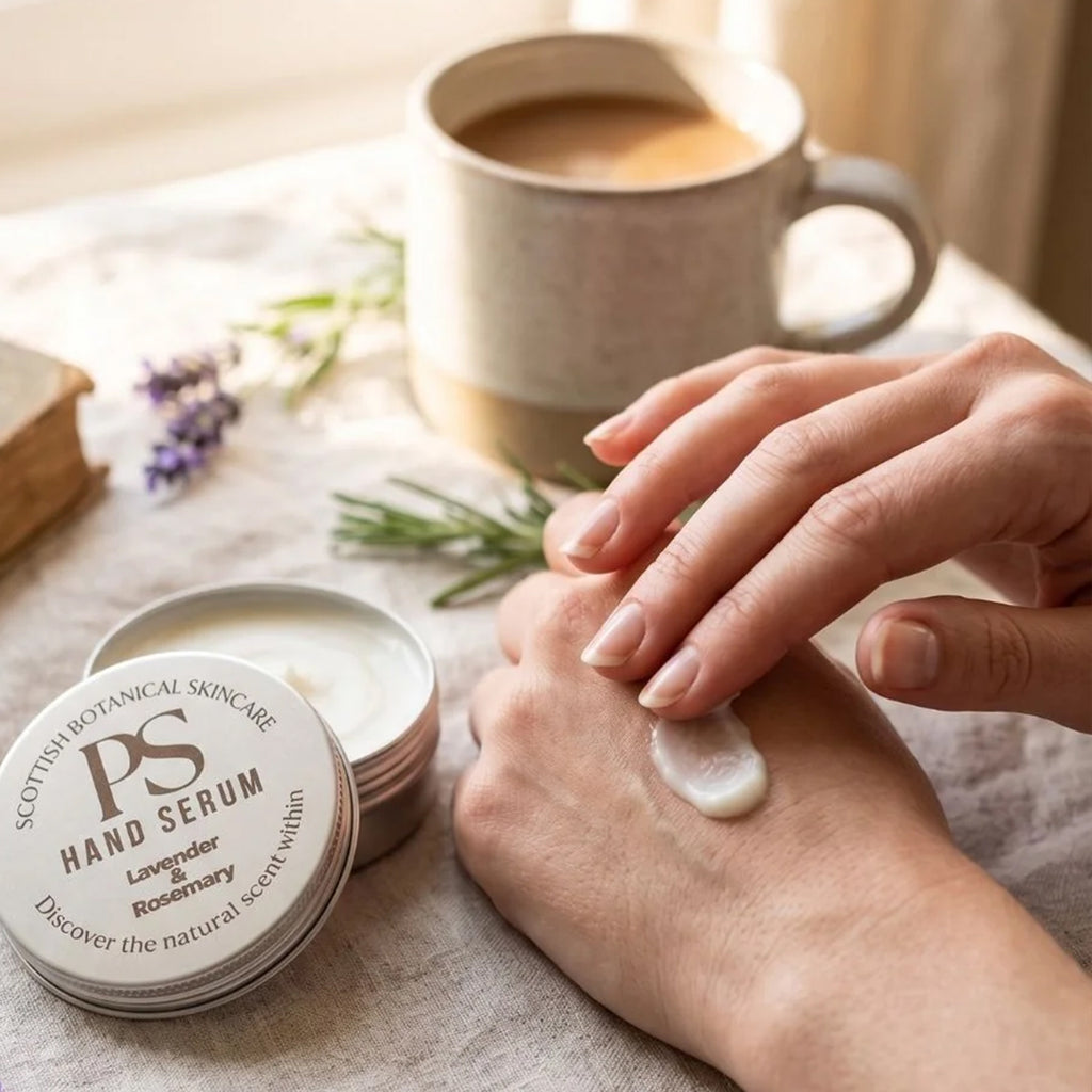 A person applies a white hand serum from an open round tin to the back of their hand, with a mug of coffee and lavender sprigs in the background. The tin label reads 'Purple Sage Hand Serum Lavender & Rosemary'.
