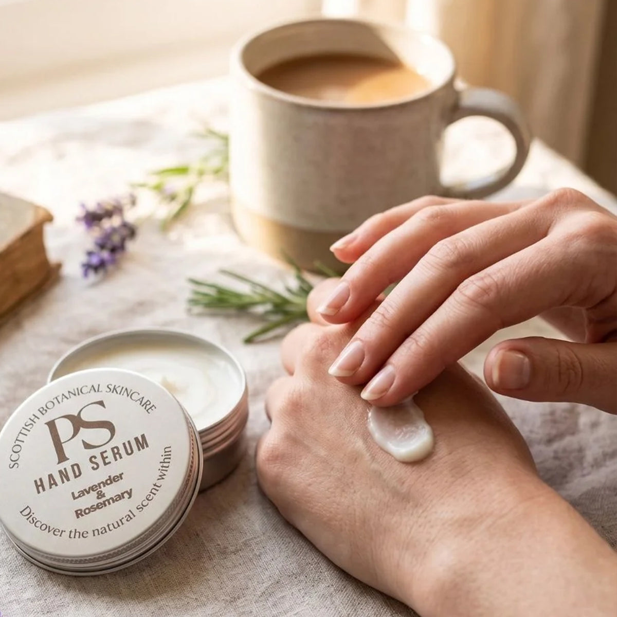 A person applies a white hand serum from an open round tin to the back of their hand, with a mug of coffee and lavender sprigs in the background. The tin label reads 'Purple Sage Hand Serum Lavender & Rosemary'.