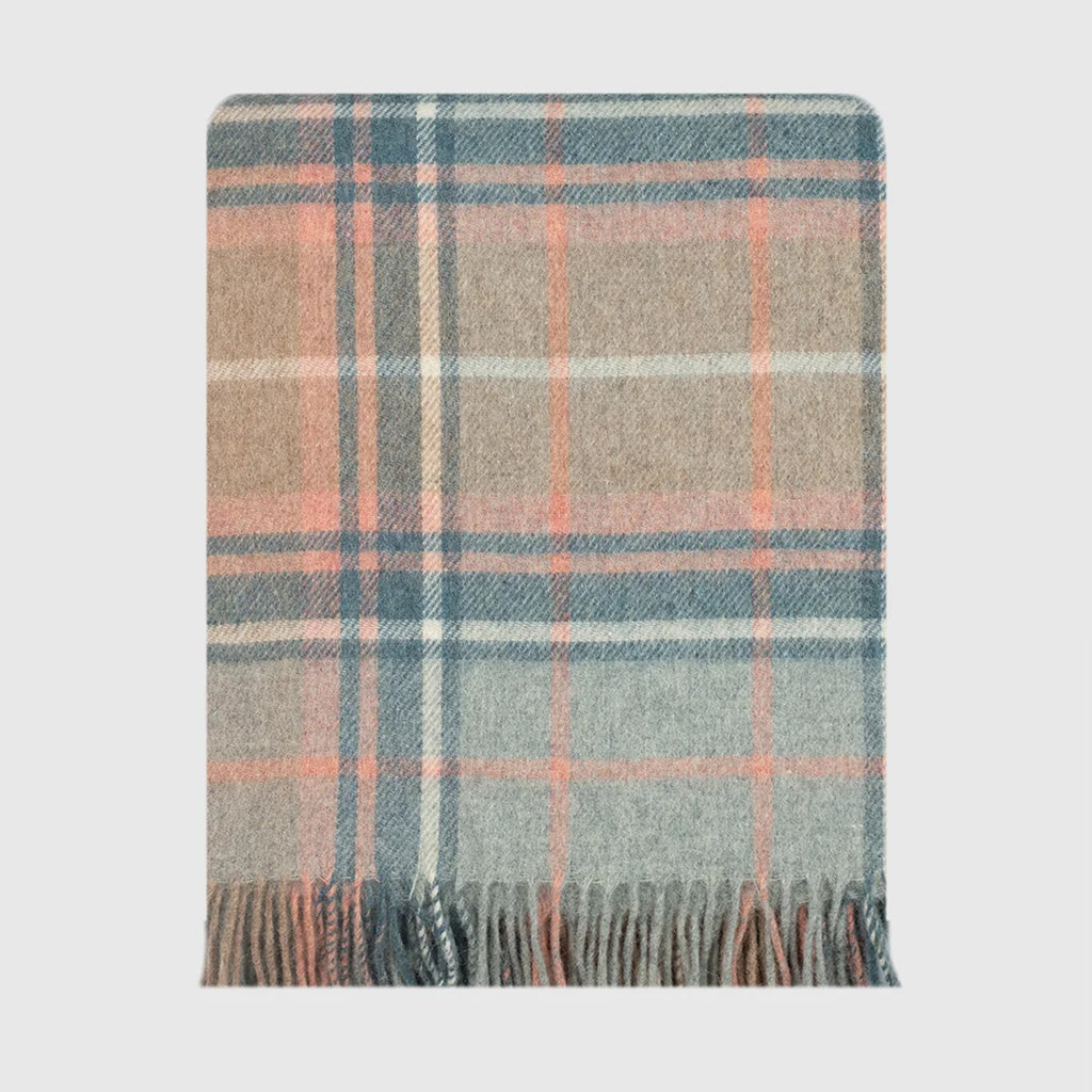 A folded plaid throw blanket with a soft woven texture, featuring a pattern of dusty blue, beige, peach, and white stripes with fringed edges, shown against a light gray background.