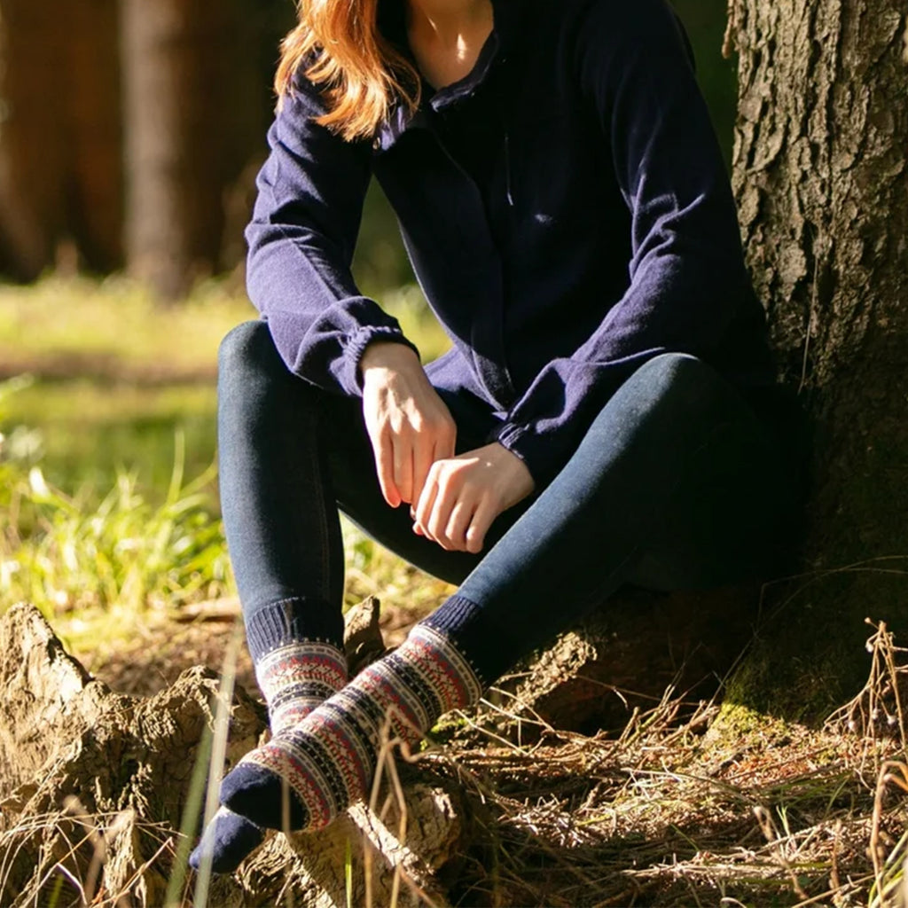 A person sitting outdoors against a tree trunk, wearing a dark navy fleece top, dark leggings, and navy multicolour fairisle knit socks in a forest setting.