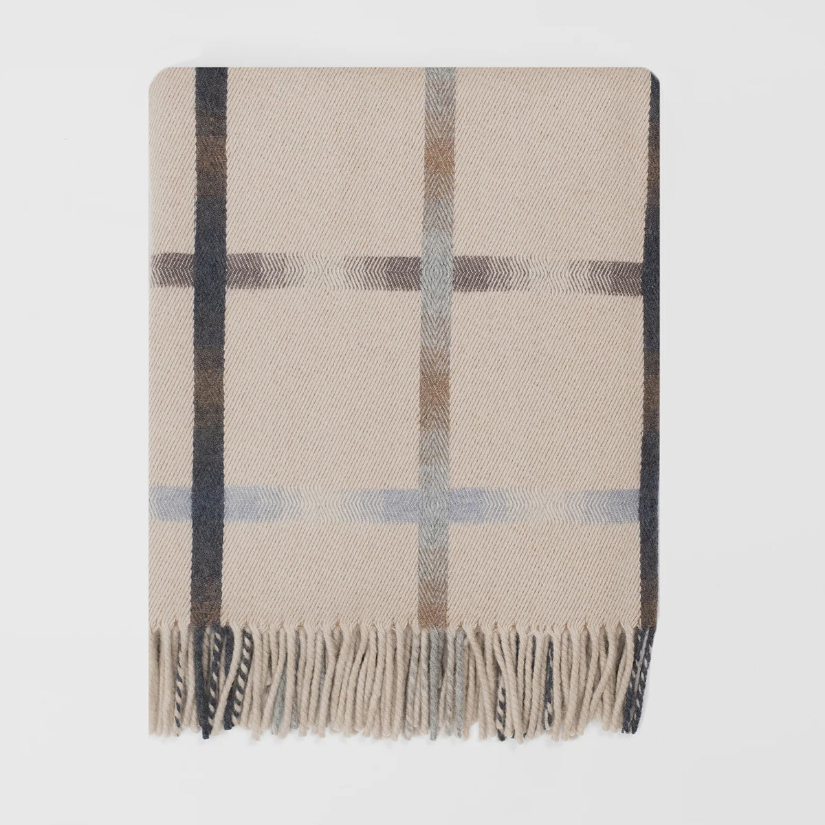 A classic plaid merino Remony blanket in beige, brown, and cream with fringed edges, displayed flat against a light background.