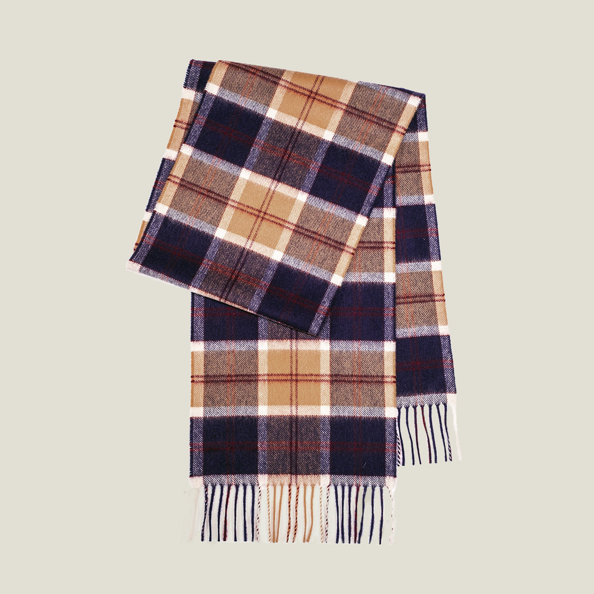 Camel & Navy Check Cashmere Scarf