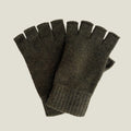 A pair of dark sorrel green fingerless knit gloves, displayed overlapping against a solid light beige background.