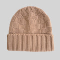 A toffee checkerboard chunky cashmere knit beanie hat with a ribbed cuff, shown against a solid light grey background.