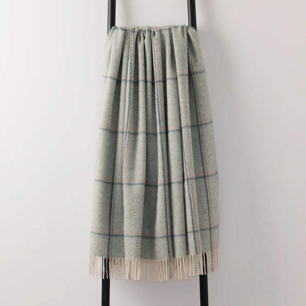 A soft woven plaid throw blanket in green hue with cream and blue stripes, draped over a black metal stand against a plain light gray wall.