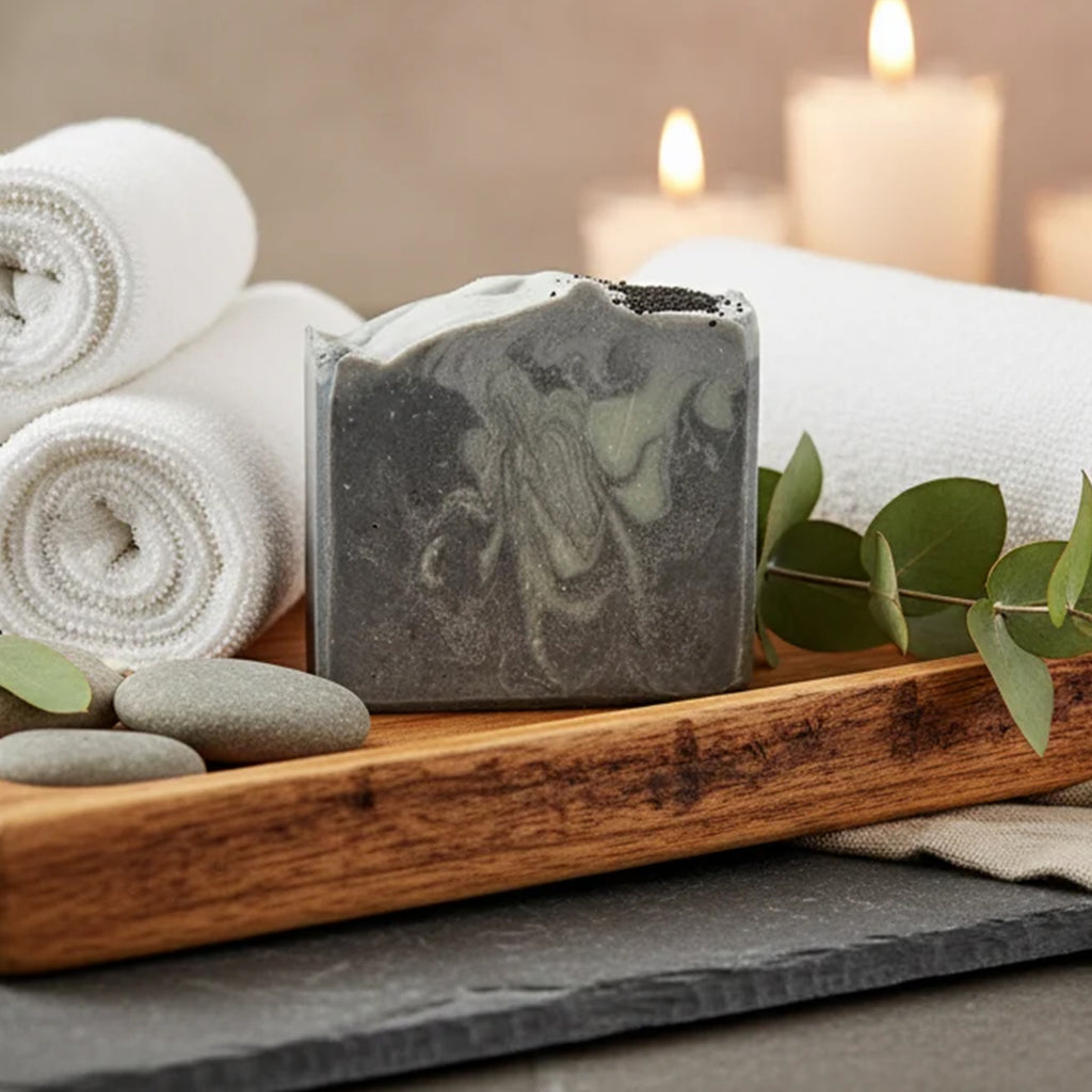 A rectangular bar of soap with a dark gray and pale green marbled swirl pattern, displayed on a wooden tray with white towels, smooth stones, and eucalyptus leaves. In the background, blurred white candles glow with a warm, spa-like ambiance.